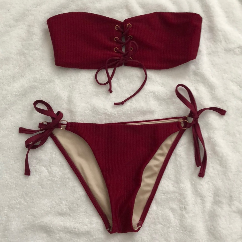 LA Hearts maroon ribbed bikini set